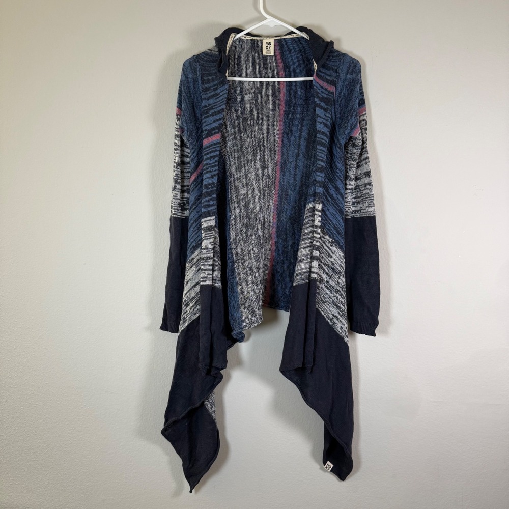 Roxy‎ Women's Hooded Cardigan Sweater Waterfall Draped Blue Multi Stripe XS